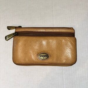 Fossil Explorer Flap Clutch Wallet Leather Credit Cards Coin Zip Camel Brown